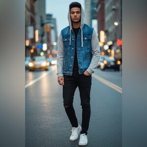 Arizona Jean Co. size Large Denim Jacket Vintage Hooded •street Trucker